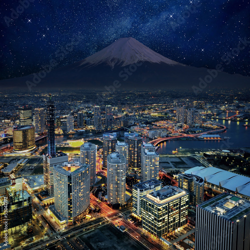 Naklejka - mata magnetyczna na lodówkę Surreal view of Yokohama city and Mt. Fuji
