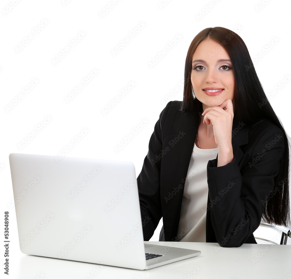 Young business woman working with computer, isolated on white