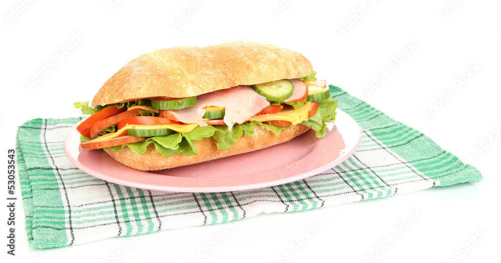 Fresh and tasty sandwich with ham and vegetables isolated