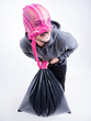 © matusciac - funny thief with pink tights on his face holding a stolen bag