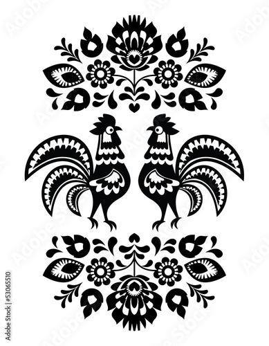 Plakat na zamówienie Polish ethnic floral embroidery with roosters in black and white