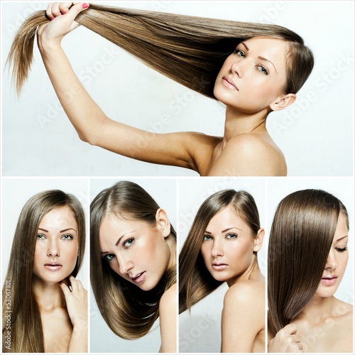 Plakat fryzura kolaż moda, naturalne długie lśniące zdrowe włosy