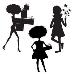 set of three girls silhouettes at birthday party isolated on whi