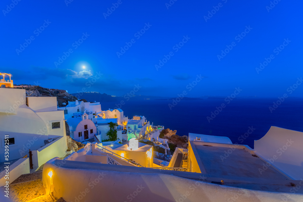 Greece Santorini island in Cyclades,  wide view of white washed - obrazy, fototapety, plakaty 