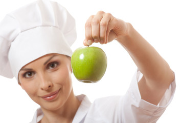 Smiling woman cook with apple, isoladed on white background