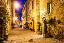Ancient Town Of Pienza In Italy At Night.