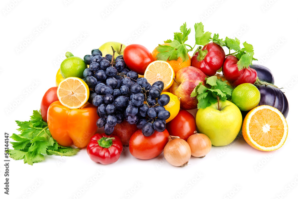 set of different fruits and vegetables  on white background - obrazy, fototapety, plakaty 
