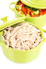 Wall Mural - Shredded boiled chicken in green pan close up