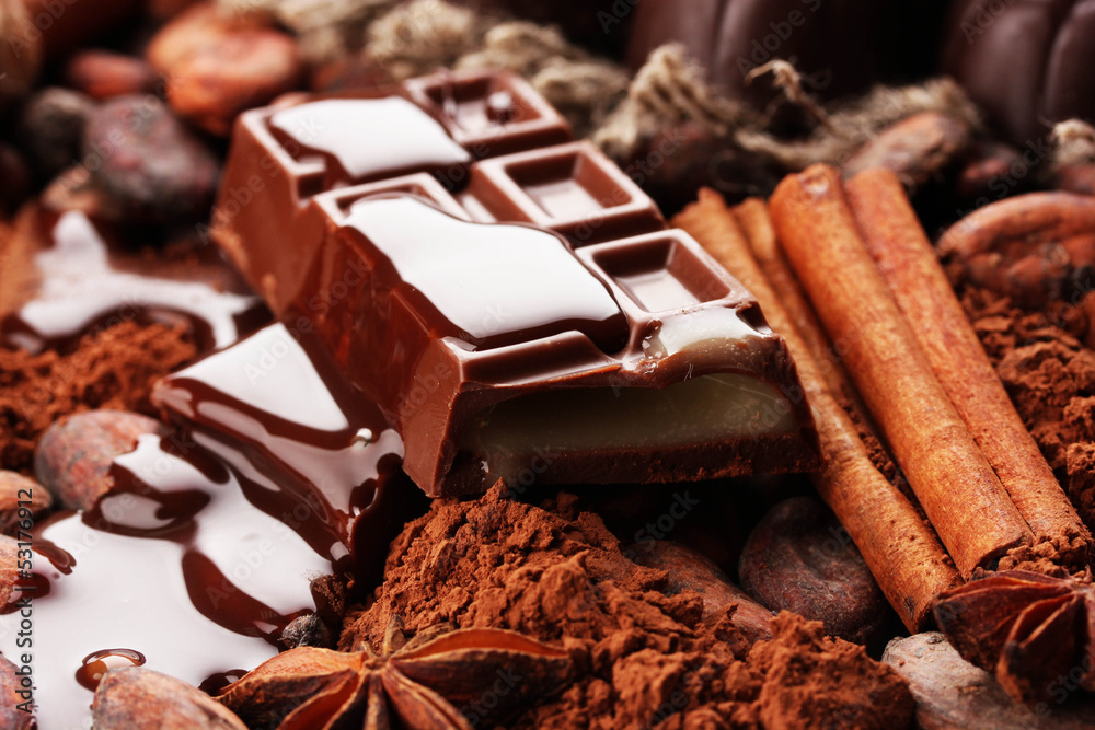 Composition of chocolate sweets, cocoa and spices