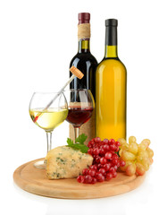 Fototapete - Wine, tasty blue cheese and grape, isolated on white