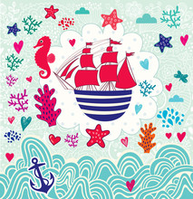 Vector Cartoon Marine Illustration With Sail Ship