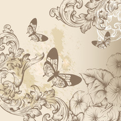 Wall Mural - Elegant vintage design with ornate swirl ornament, butterflies a