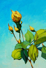 Branch Of Yellow Rose, Painting By Oil On Canvas, Illustration