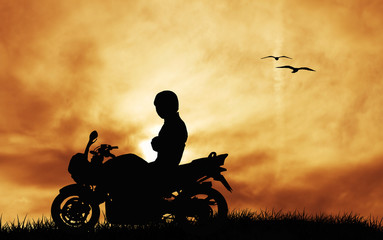 Fototapete - motorcyclist at sunset