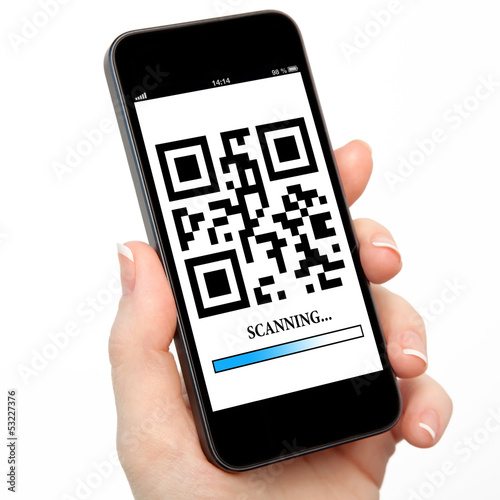 Fotografie, Obraz woman hand holding a phone with qr code on the screen