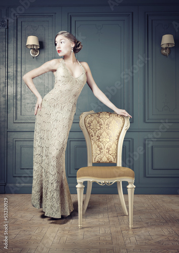 Plakat na zamówienie Beautiful woman retro portrait in vintage interior