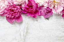 Stunning Pink Peonies On White Rustic Wooden Background. Copy Sp