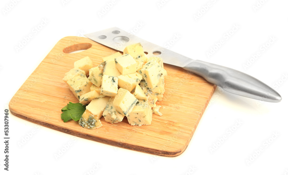 Tasty blue cheese on cutting board, isolated on white