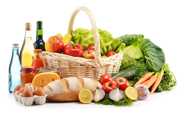 Fototapete - Composition with assorted grocery products isolated on white