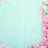 Blue wooden background with pink flowers