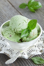 Green Ice Cream With Basil, Mint And Nuts.