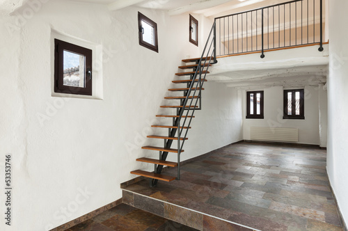 Naklejka - mata magnetyczna na lodówkę interior rustic house, large room with staircase