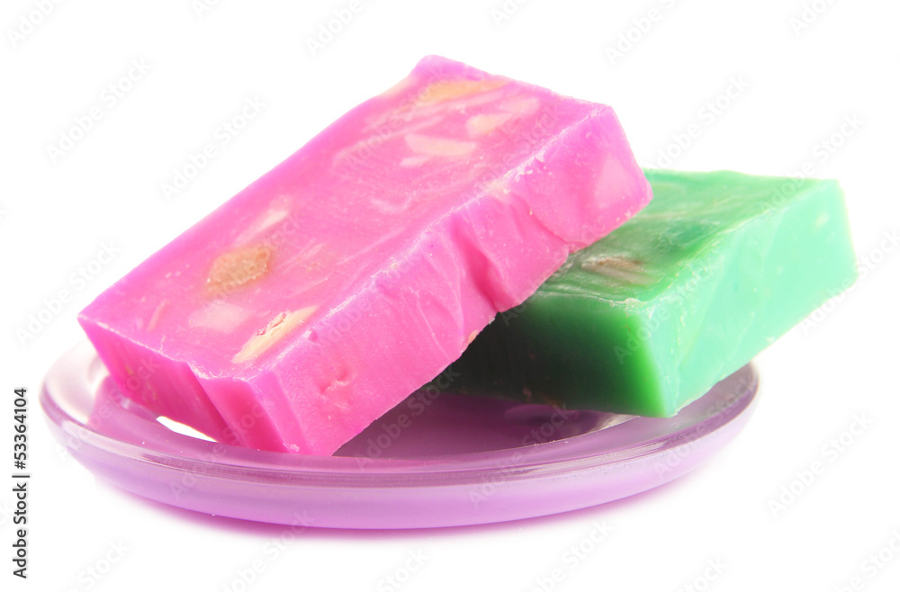 Soap-dish with natural handmade soap, isolated on white