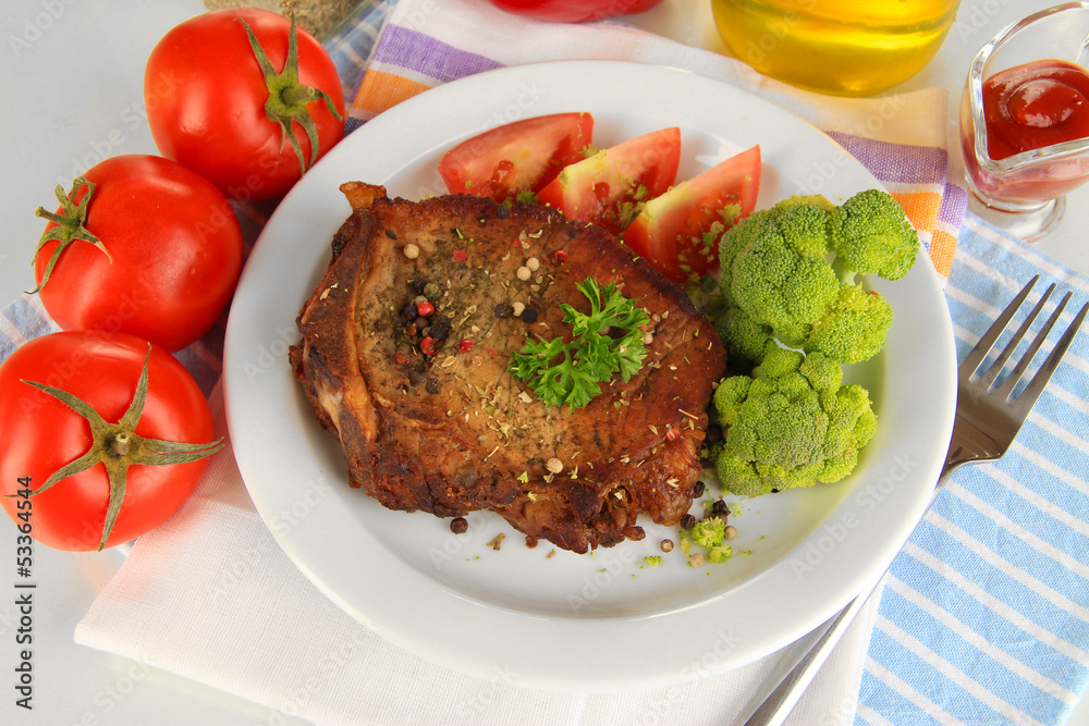 Piece of fried meat on plate isolated on white