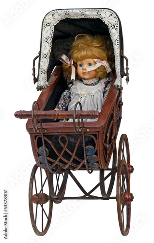 Poster Vintage toy pram with doll. Clipping path included.