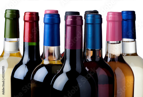 Obraz w ramie Some wine bottles in front of white background