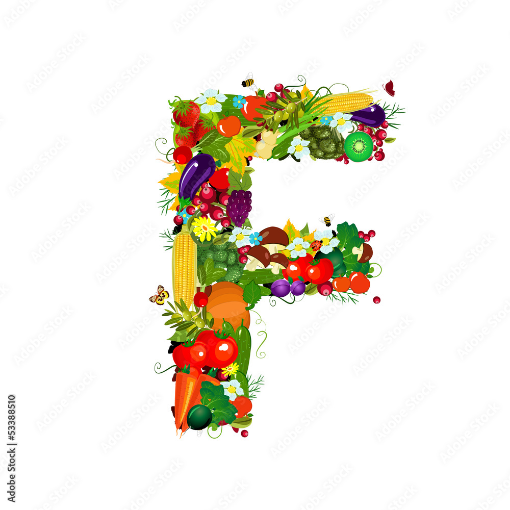 Fresh vegetables and fruits letter F - obrazy, fototapety, plakaty 