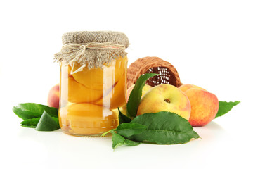 Sticker - Jar of canned peaches and fresh peaches, isolated on white