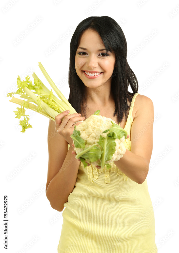 Girl with fresh celery and cauliflower isolated on white