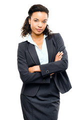 Young mixed race businesswoman with arms folded isolated white b