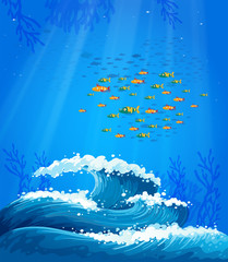 Wall Mural - A school of fish and the waves