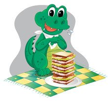 A Hungry Crocodile In Front Of A Big Pile Of Sandwich