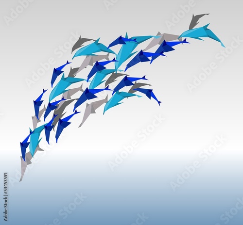 Fototapeta na wymiar illustration of paper dolphins in a jump.