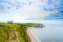 Etretat, Ocean, Church And Aval Cliff. Normandy, France.