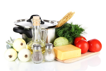 Poster - Ingredients for cooking pasta isolated on white