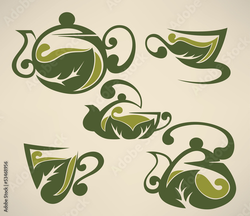 Naklejka na kafelki green tea,cups and pots vector collection of forms, symbols and