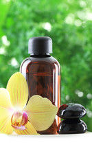 Bottle Of Essential Oil With Orchid Flower And Zen Stones
