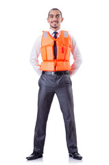 Wall Mural - Man in life jacket isolated on white