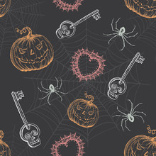Hand Drawn Vintage Halloween Seamless Pattern
