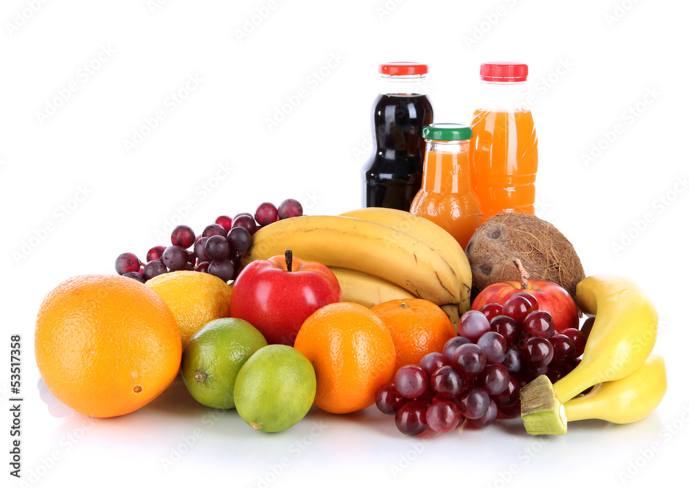 Different fruits and juice isolated on white