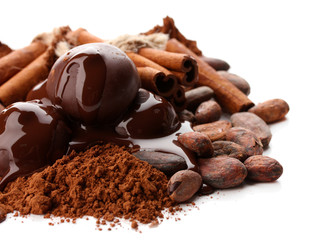 Wall Mural - Composition of chocolate sweets, cocoa and spices, isolated