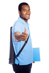 African American student thumbs up - isolated over a white backg