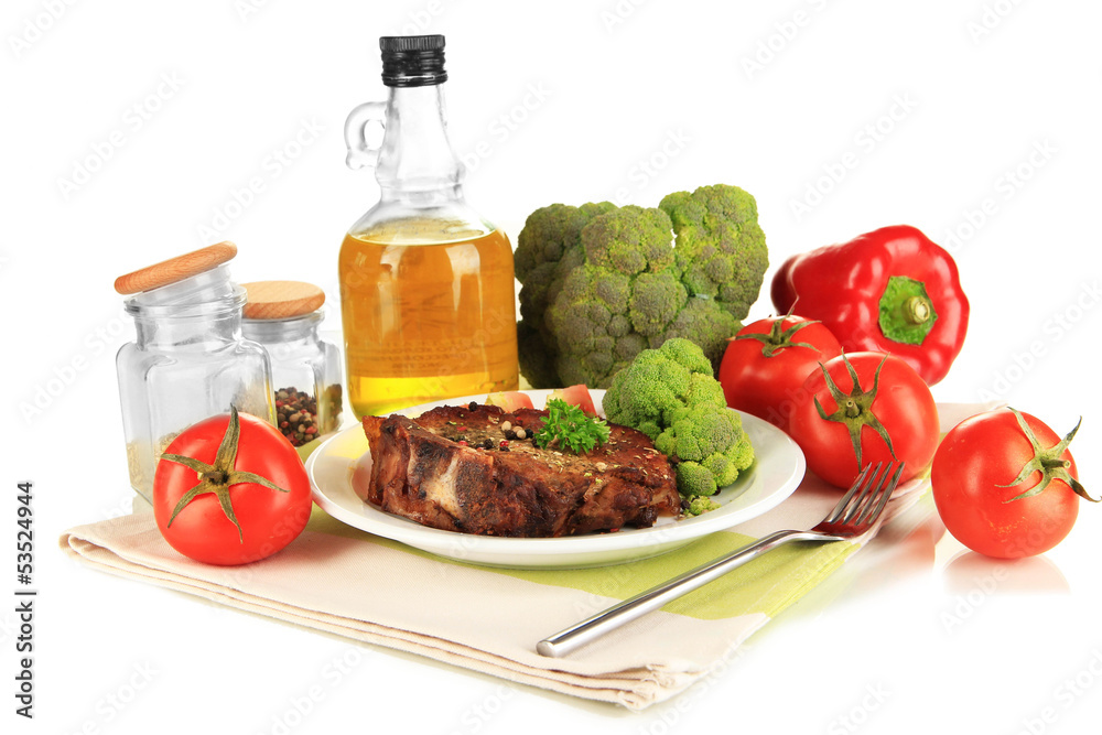 Piece of fried meat on plate isolated on white