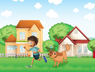 Poster - A boy playing with his dog