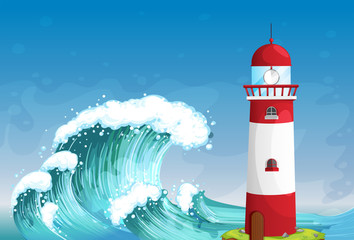 Wall Mural - A lighthouse in the middle of the sea with high waves