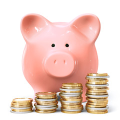 Wall Mural - Piggy bank with coin stacks